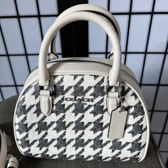 COACH Silver/Cream/Black Sydney Satchel With Houndstooth Print - Picture 2 of 7